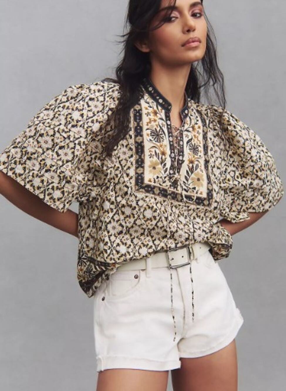 By Anthropologie Pleated Puff-Sleeve Blouse Brown White Peasant Boho M